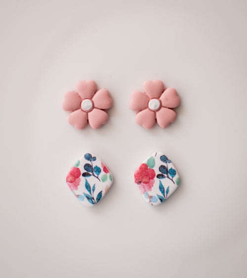 Pink flower and floral stud set - 2 pairs of studs