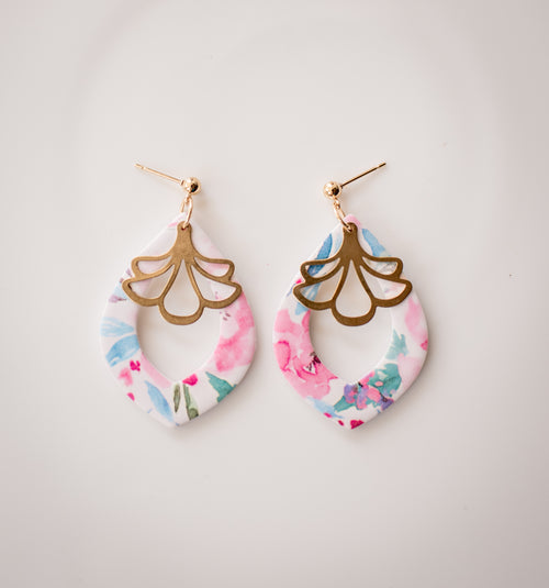 Pink watercolor dangles w/floral brass charm
