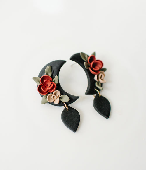Black autumn floral moon earrings
