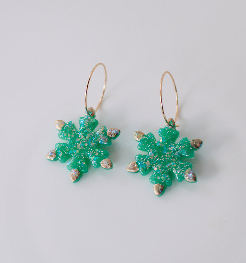 Green opal snowflake hoops