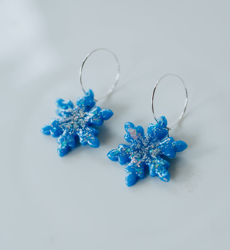 Blue holographic and opal snowflake hoops