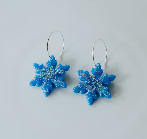 Blue holographic and opal snowflake hoops