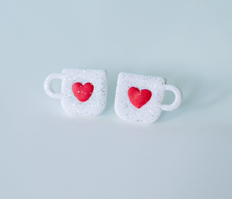 Shimmery coffee mug studs with red heart