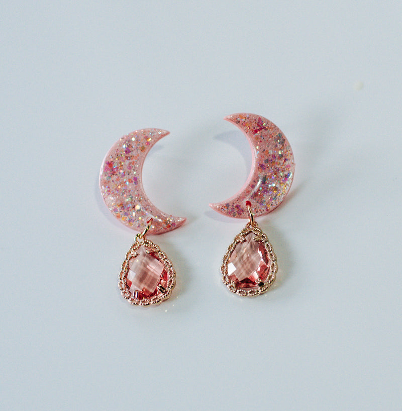 Crystal Opal moon studs - Pink pearl color