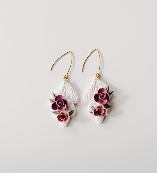 Textured white dangles w/Purple and light pink spring florals - Style 2