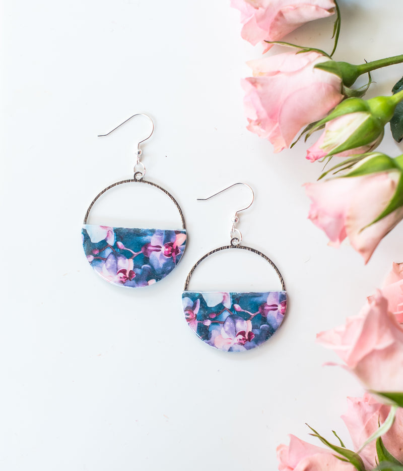 Silver floral hoop dangles