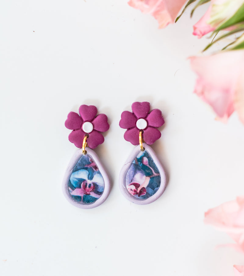 Purple flower top tear drop dainty dangles