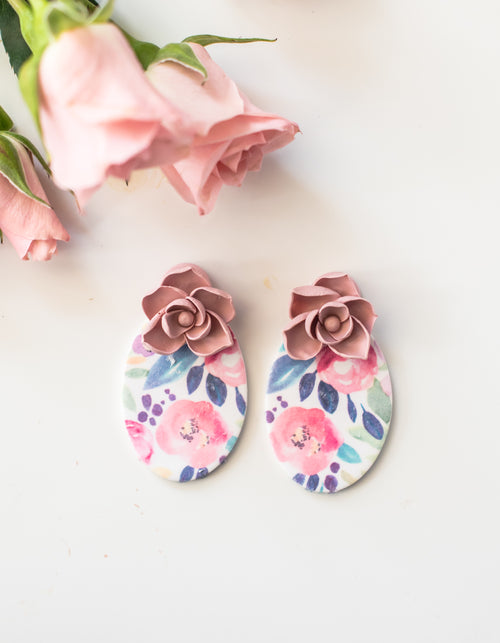 Large pink flower top earrings