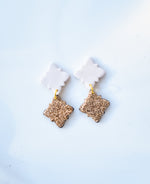 two tone pearl top earrings and gold glitter dangles