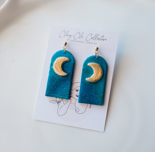 Galaxy inspired gold moon dangles