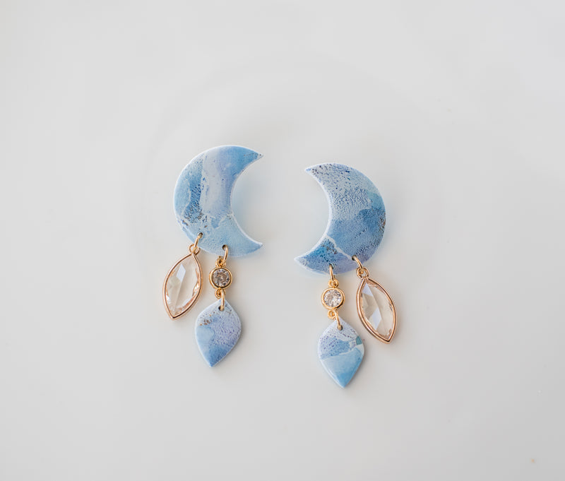 Blue watercolor large moon earrings with crystal gem accents